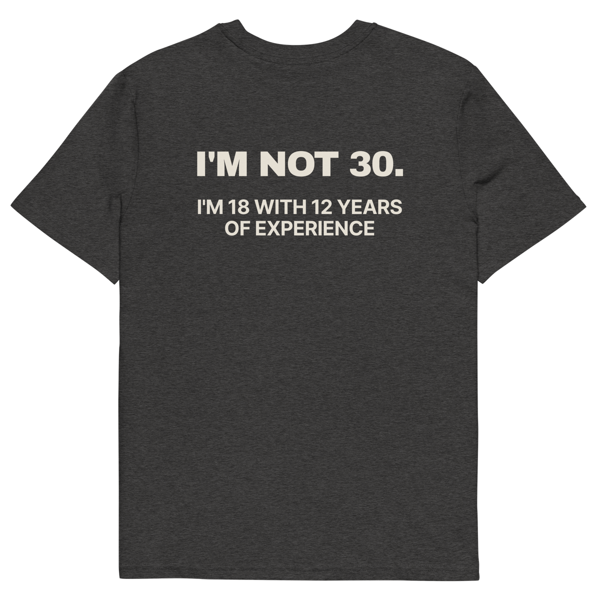 I’m Not 30. I’m 18 with 12 Years of Experience T-shirt in dark heather grey, back print