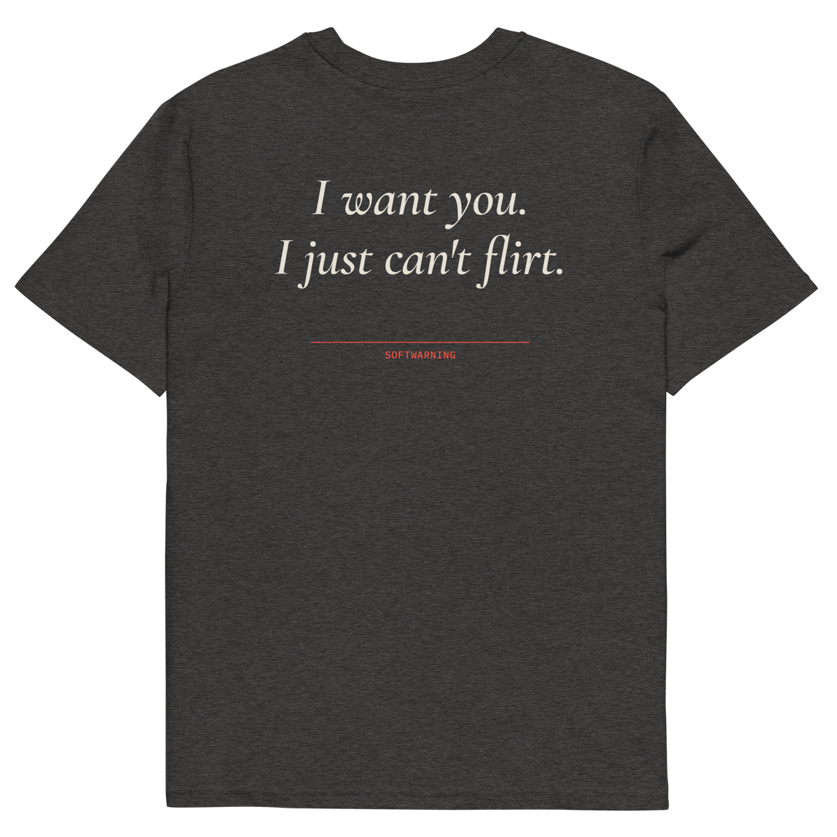 I Want You. I Just Can’t Flirt T-shirt in dark heather grey, back print