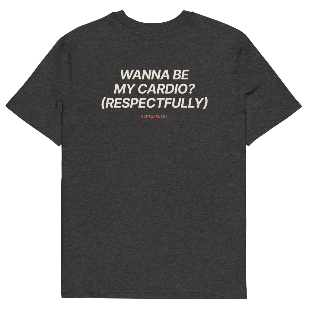 Dark Heather Grey product view of the Wanna Be My Cardio? (Respectfully) T-shirt, back