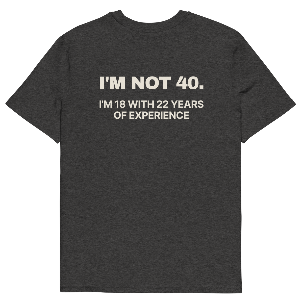 I’m Not 40. I’m 18 with 22 Years of Experience T-shirt in dark heather grey, back print