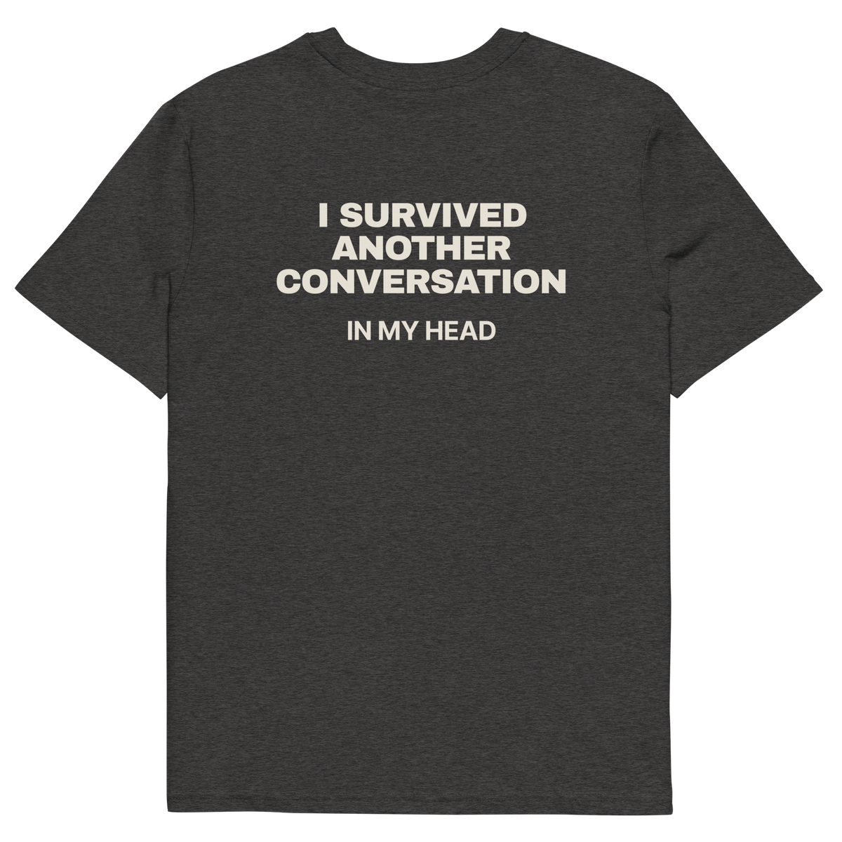 I Survived Another Conversation in My Head T-shirt in dark heather grey, back print