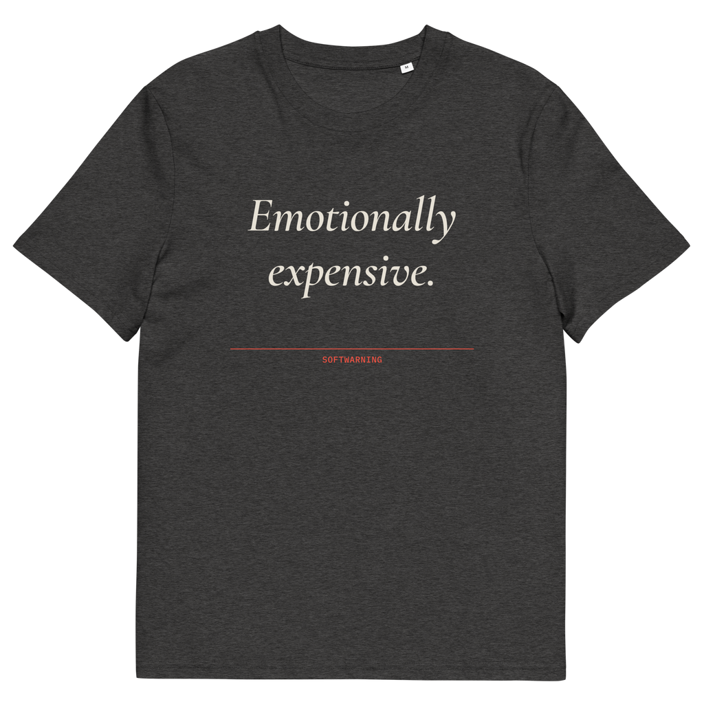 Dark Heather Grey product view of the Emotionally Expensive T-shirt, front