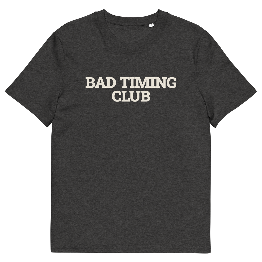 Dark Heather Grey product view of the Bad Timing Club T-shirt, front