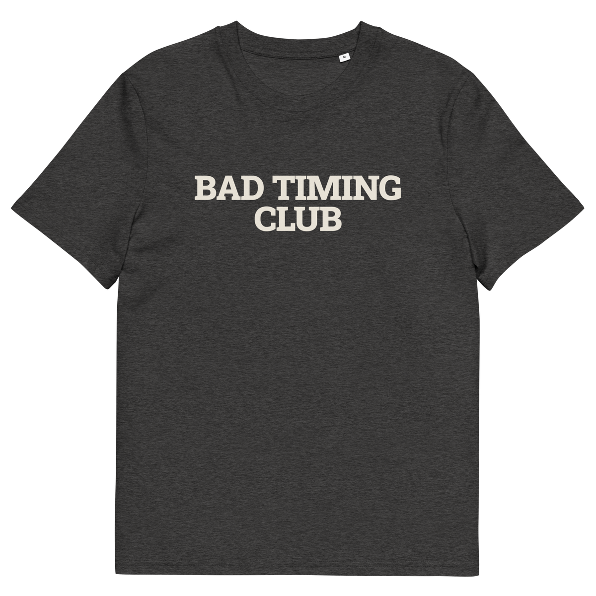 Dark Heather Grey product view of the Bad Timing Club T-shirt, front