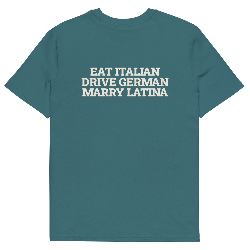 Stargazer product view of the Eat Italian. Drive German. Marry Latina T-shirt, back