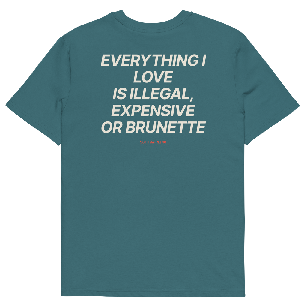 Everything I Love Is Illegal, Expensive, or Brunette T-shirt in stargazer, back print