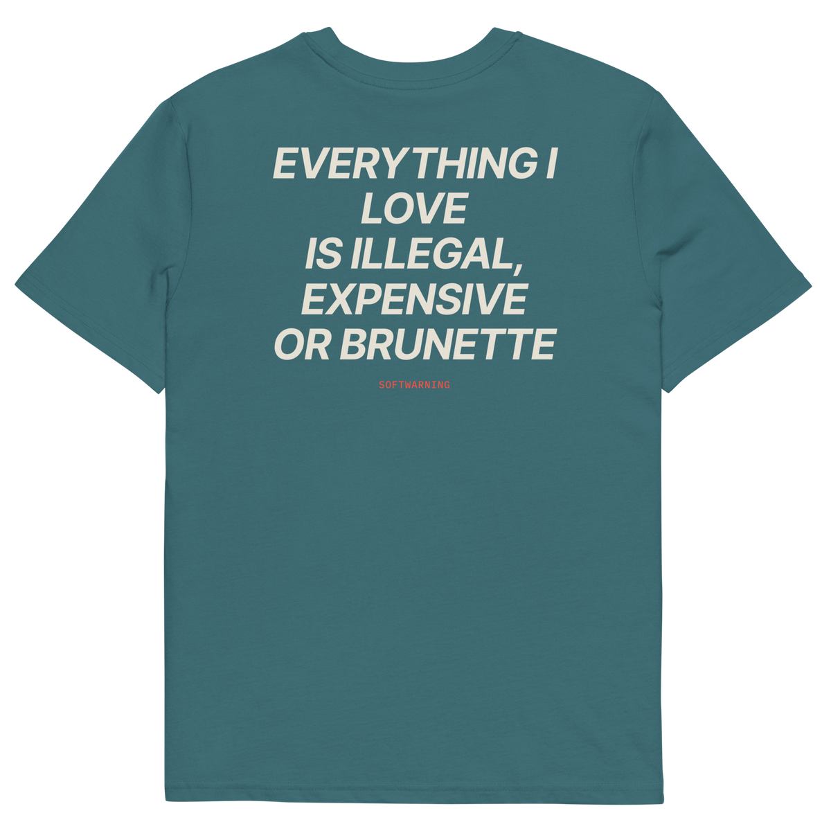 Everything I Love Is Illegal, Expensive, or Brunette T-shirt in stargazer, back print