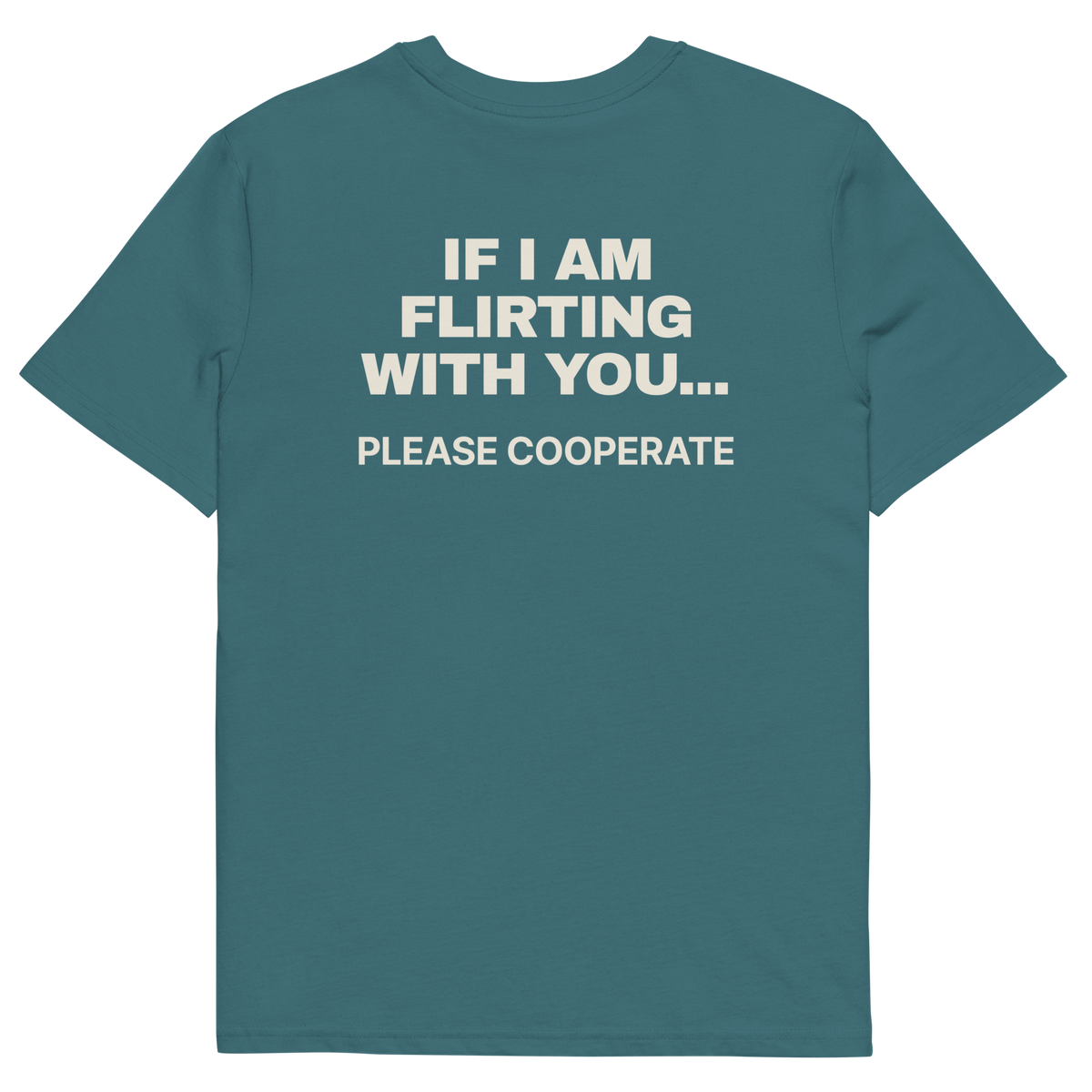If I Am Flirting with You… Please Cooperate T-shirt in stargazer, back print