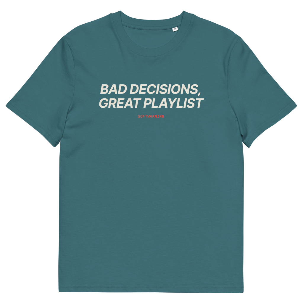 Stargazer product view of the Bad Decisions, Great Playlist T-shirt, front