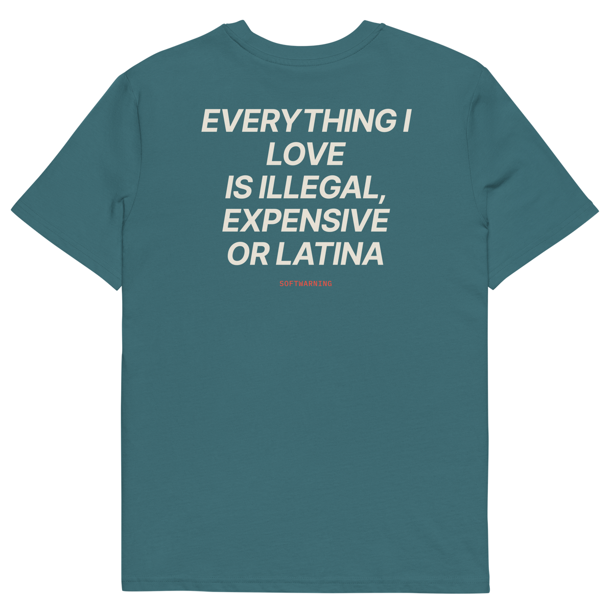 Everything I Love Is Illegal, Expensive, or Latina T-shirt in stargazer, back print