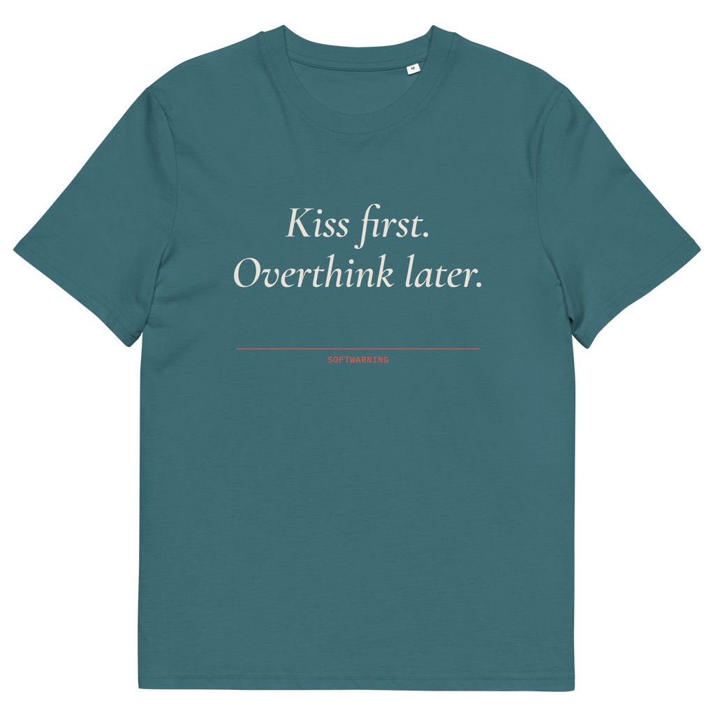 Stargazer product view of the Kiss First. Overthink Later T-shirt, front