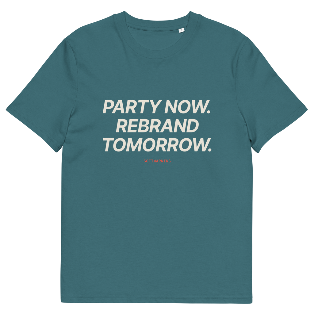 Party Now. Rebrand Tomorrow T-shirt in stargazer, front print