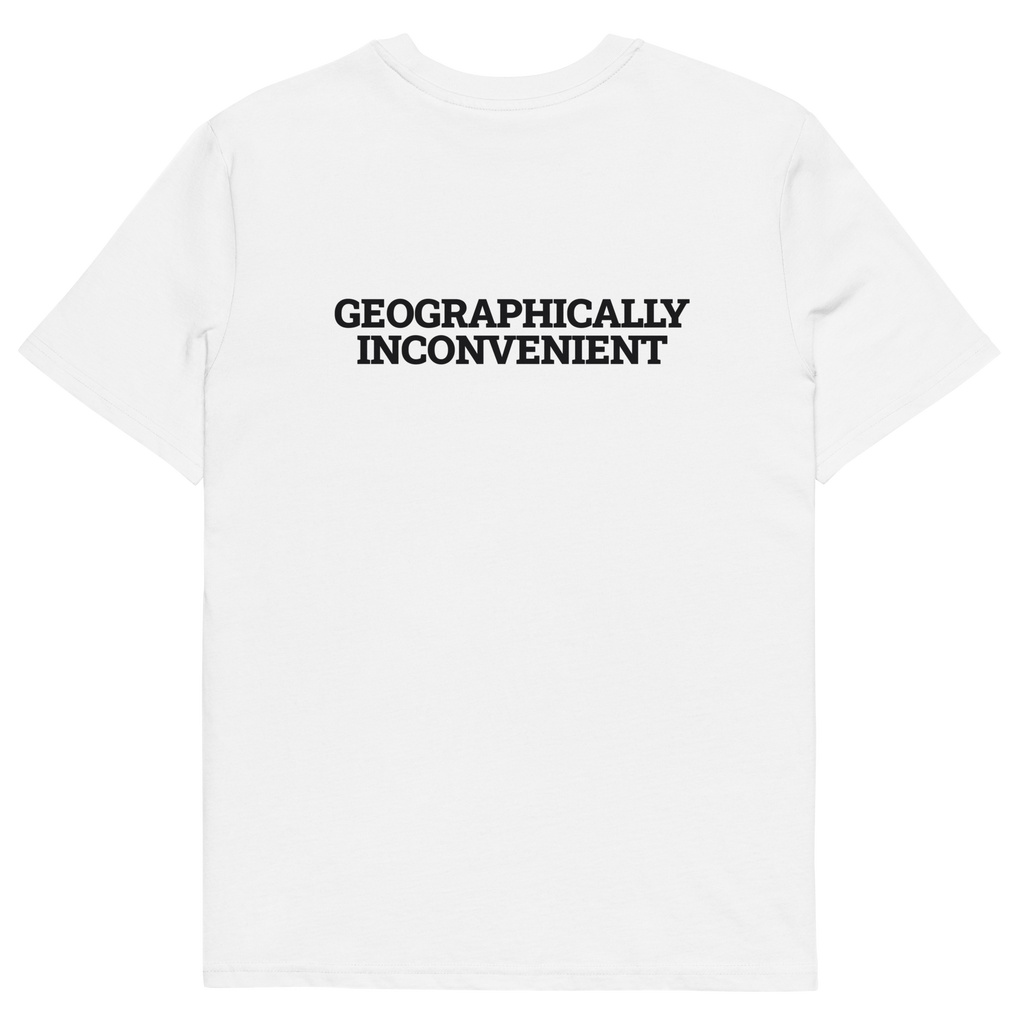 White product view of the Geographically Inconvenient T-shirt, back