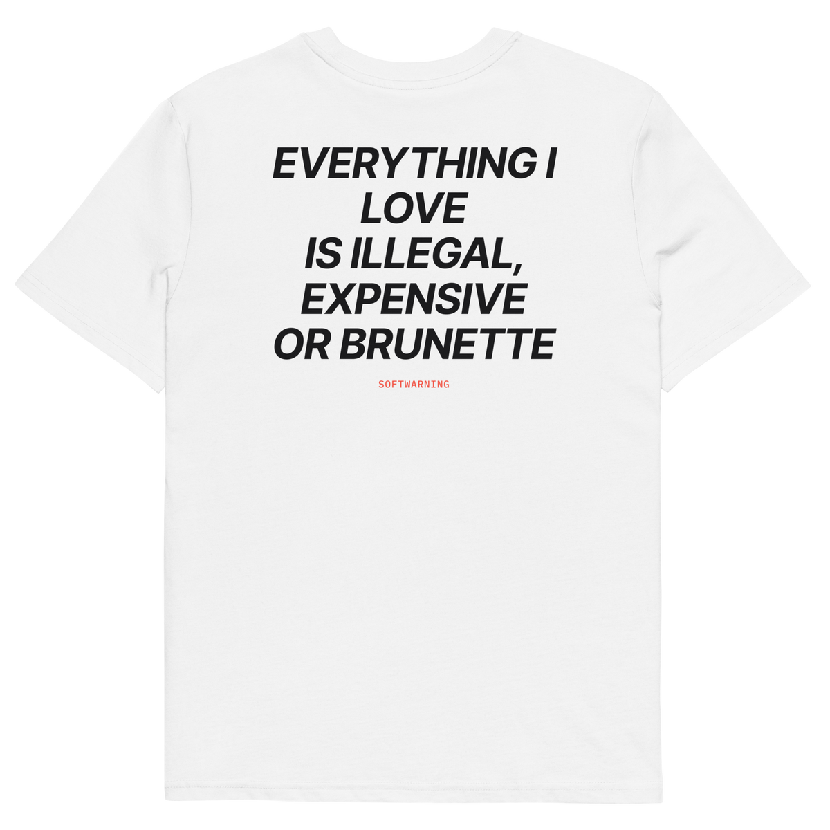 Everything I Love Is Illegal, Expensive, or Brunette T-shirt in white, back print