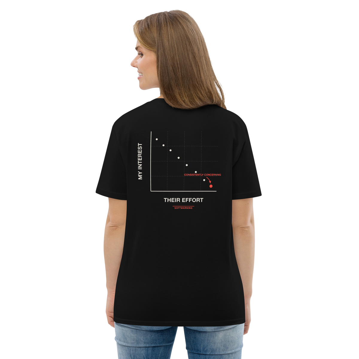 Woman wearing the Effort vs. Interest T-shirt in black, back view