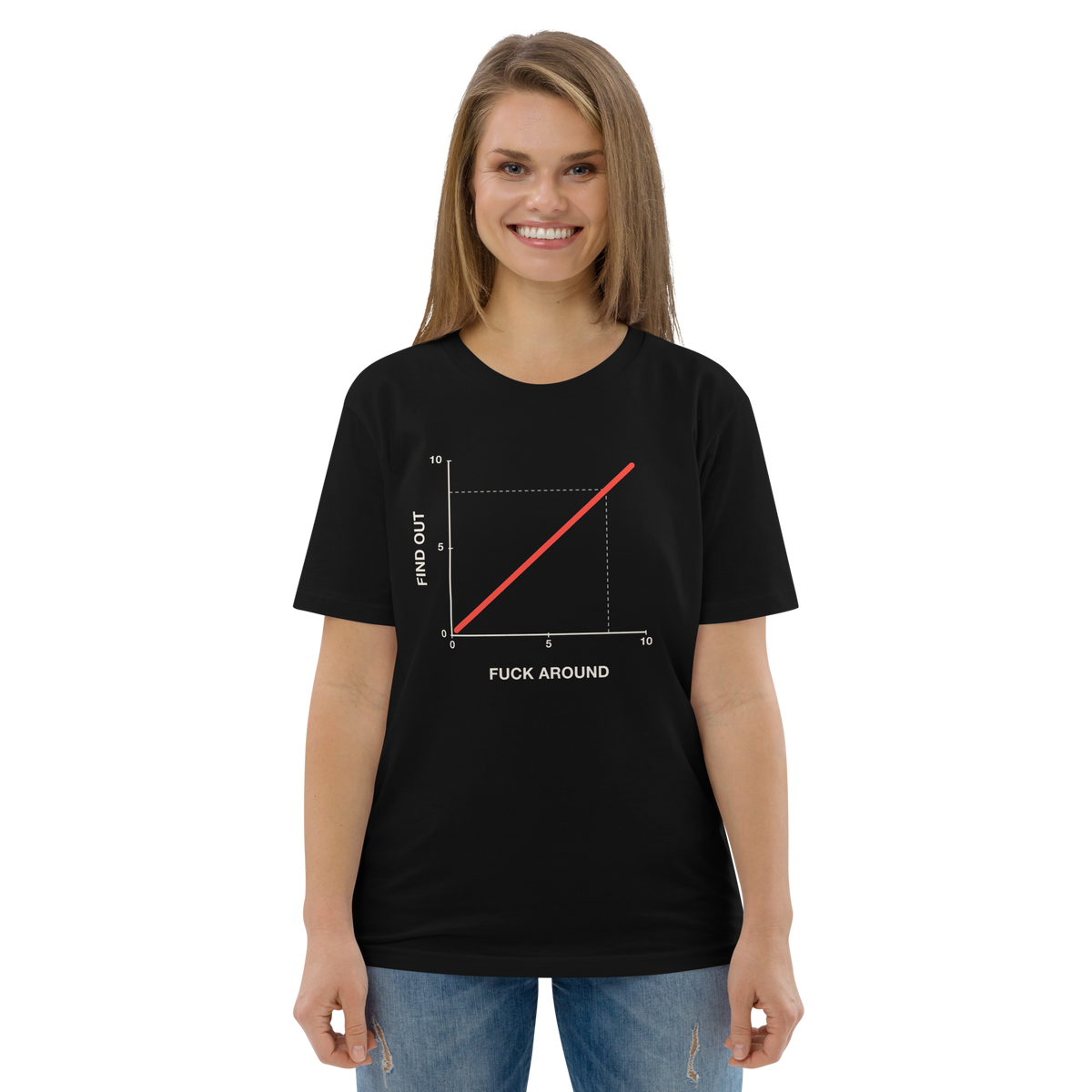 Woman wearing the Fuck Around. Find Out. T-shirt in black, front view
