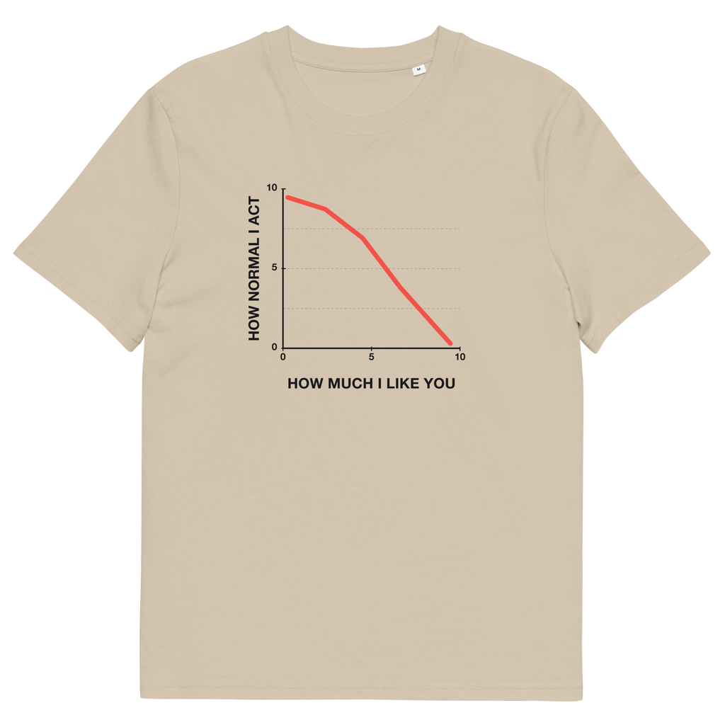 Desert Dust product view of the How Normal I Act T-shirt, front