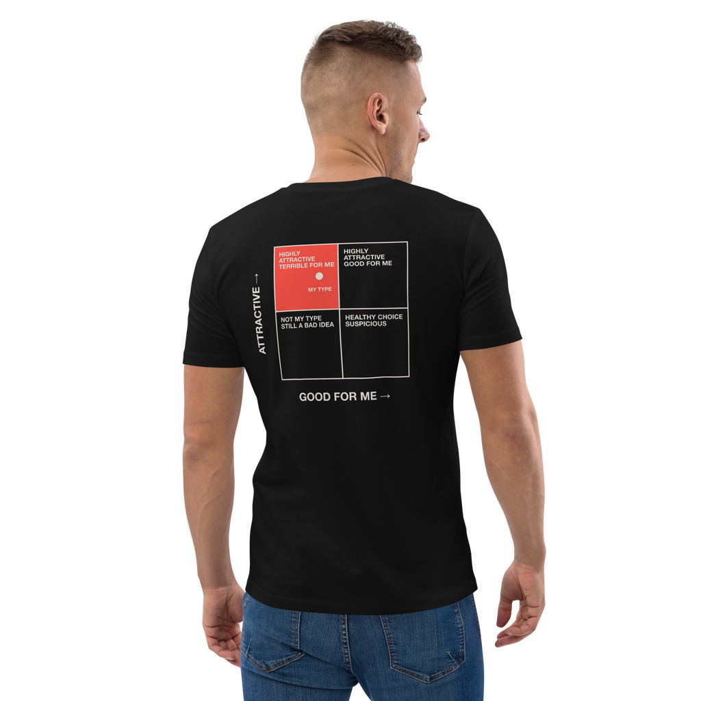Man wearing the My Type T-shirt in black, back view
