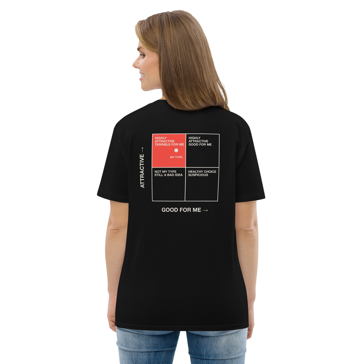 Woman wearing the My Type T-shirt in black, back view