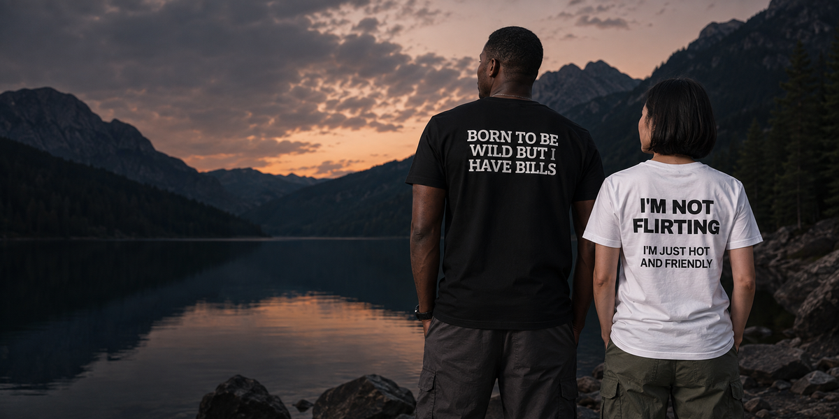 Two models wearing Softwarning statement T-shirts with back prints
