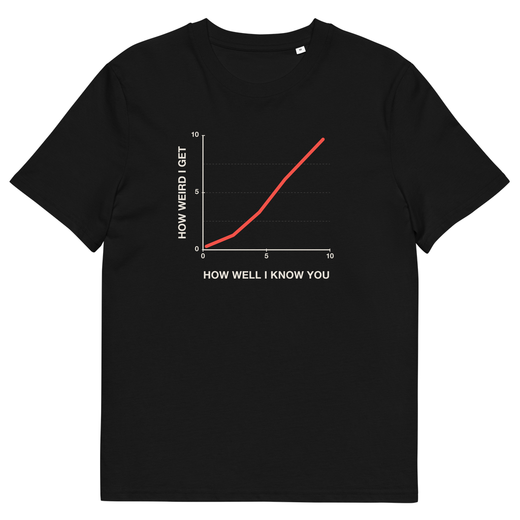 Black product view of the The Weirder I Get T-shirt, front