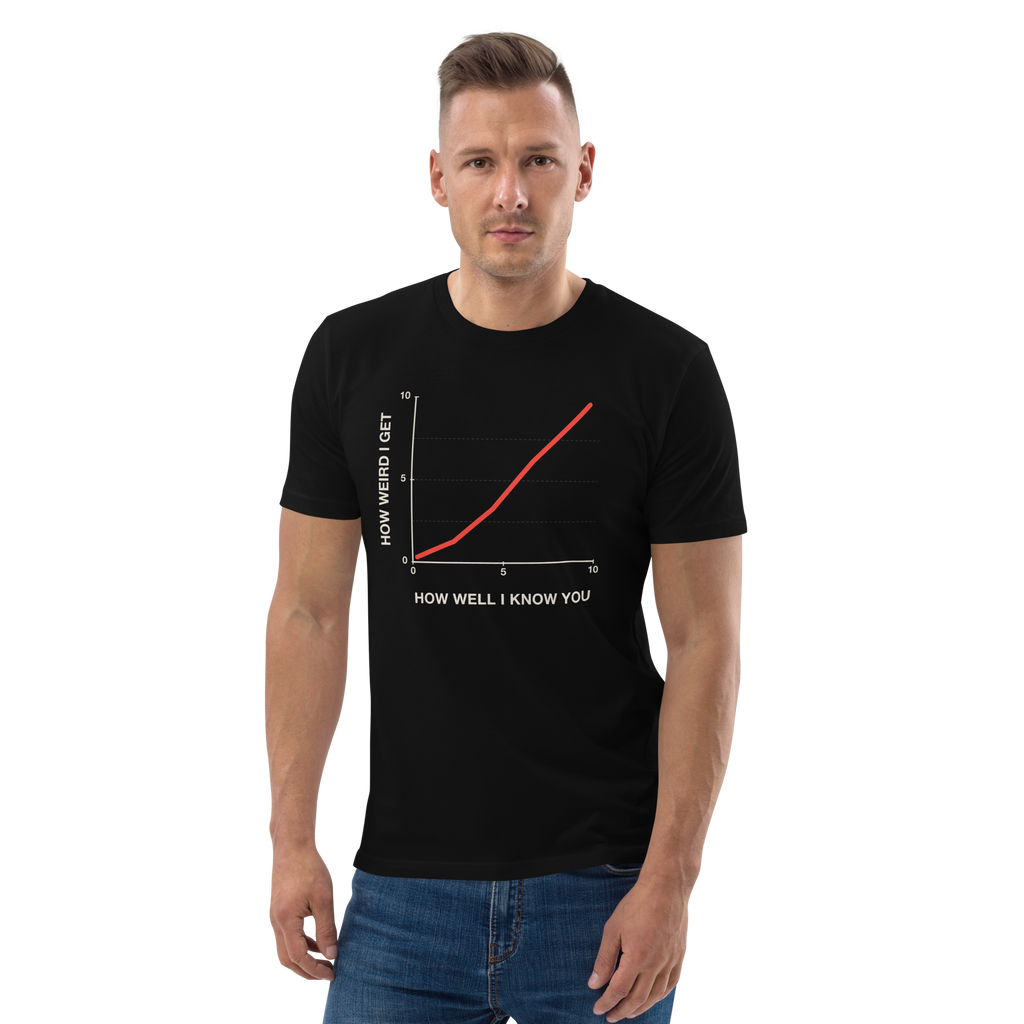 Man wearing the The Weirder I Get T-shirt in black, front view