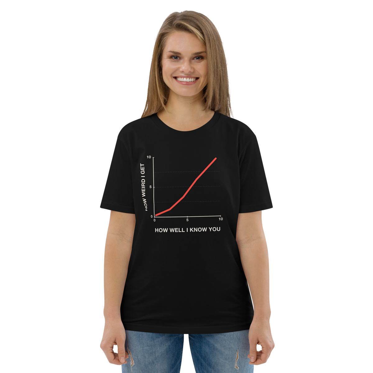 Woman wearing the The Weirder I Get T-shirt in black, front view