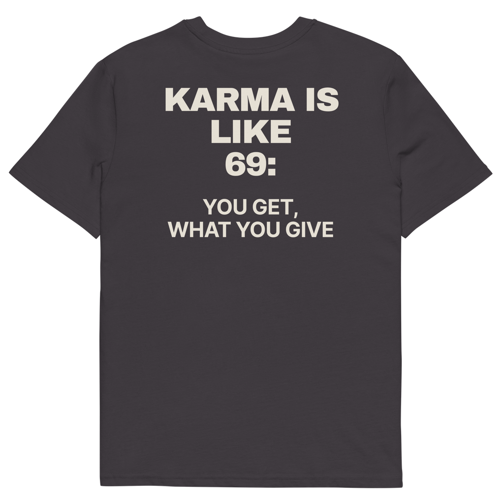 Anthracite product view of the Karma Is Like 69: You Get What You Give T-shirt, back