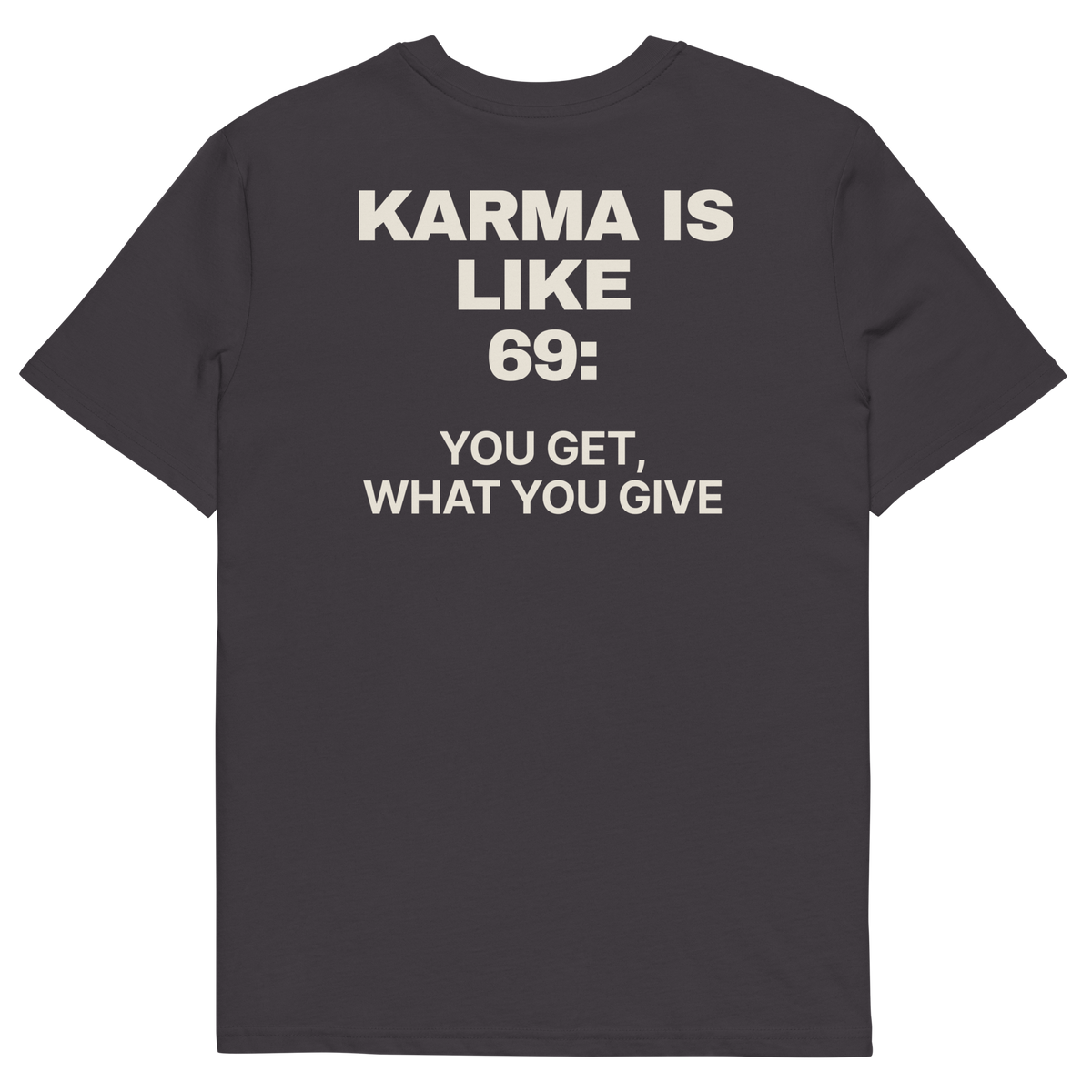 Anthracite product view of the Karma Is Like 69: You Get What You Give T-shirt, back