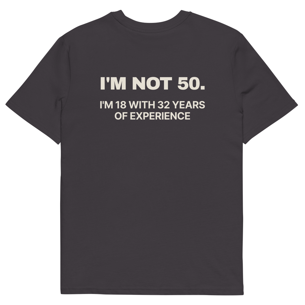 Anthracite product view of the I’m Not 50. I’m 18 with 32 Years of Experience T-shirt, back