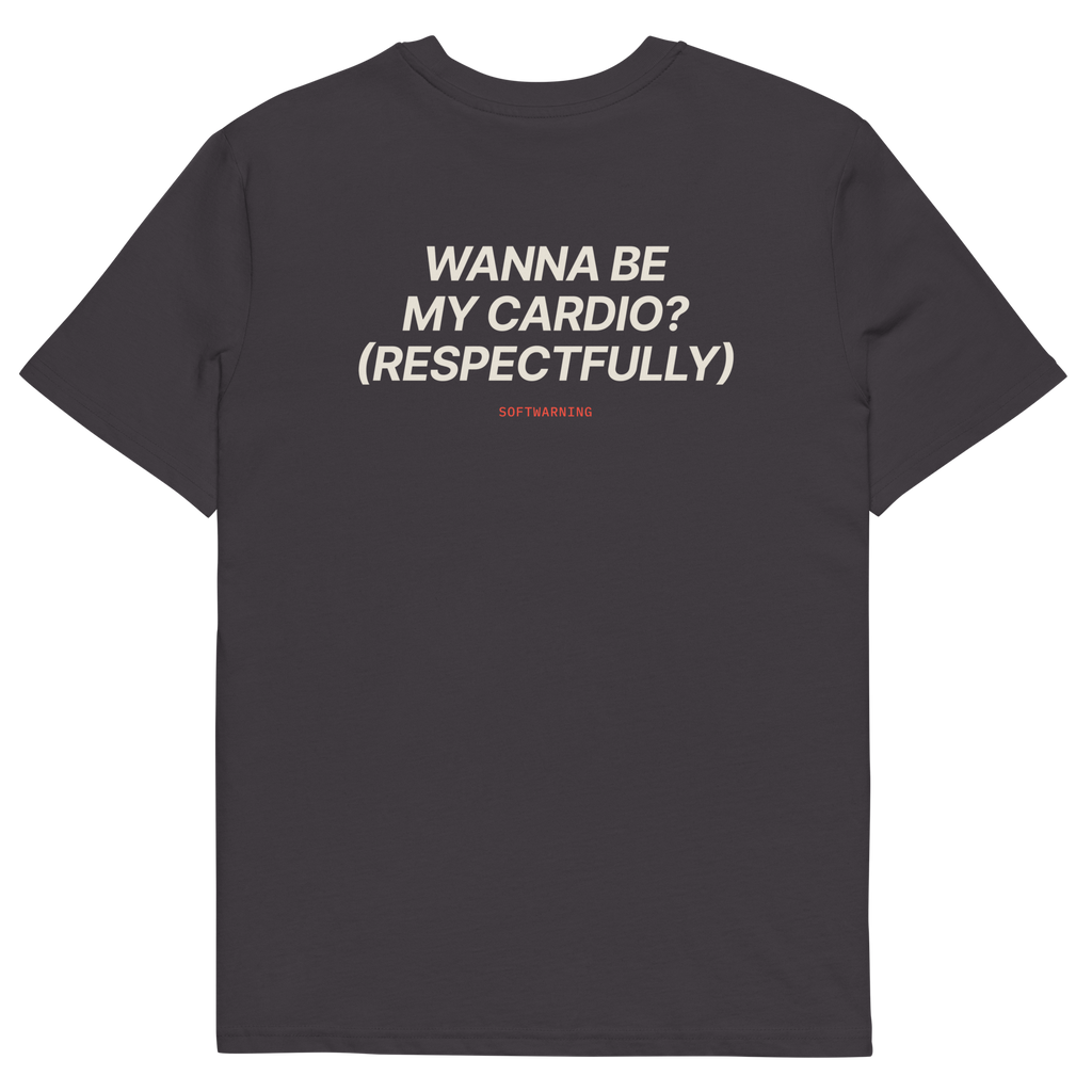 Anthracite product view of the Wanna Be My Cardio? (Respectfully) T-shirt, back