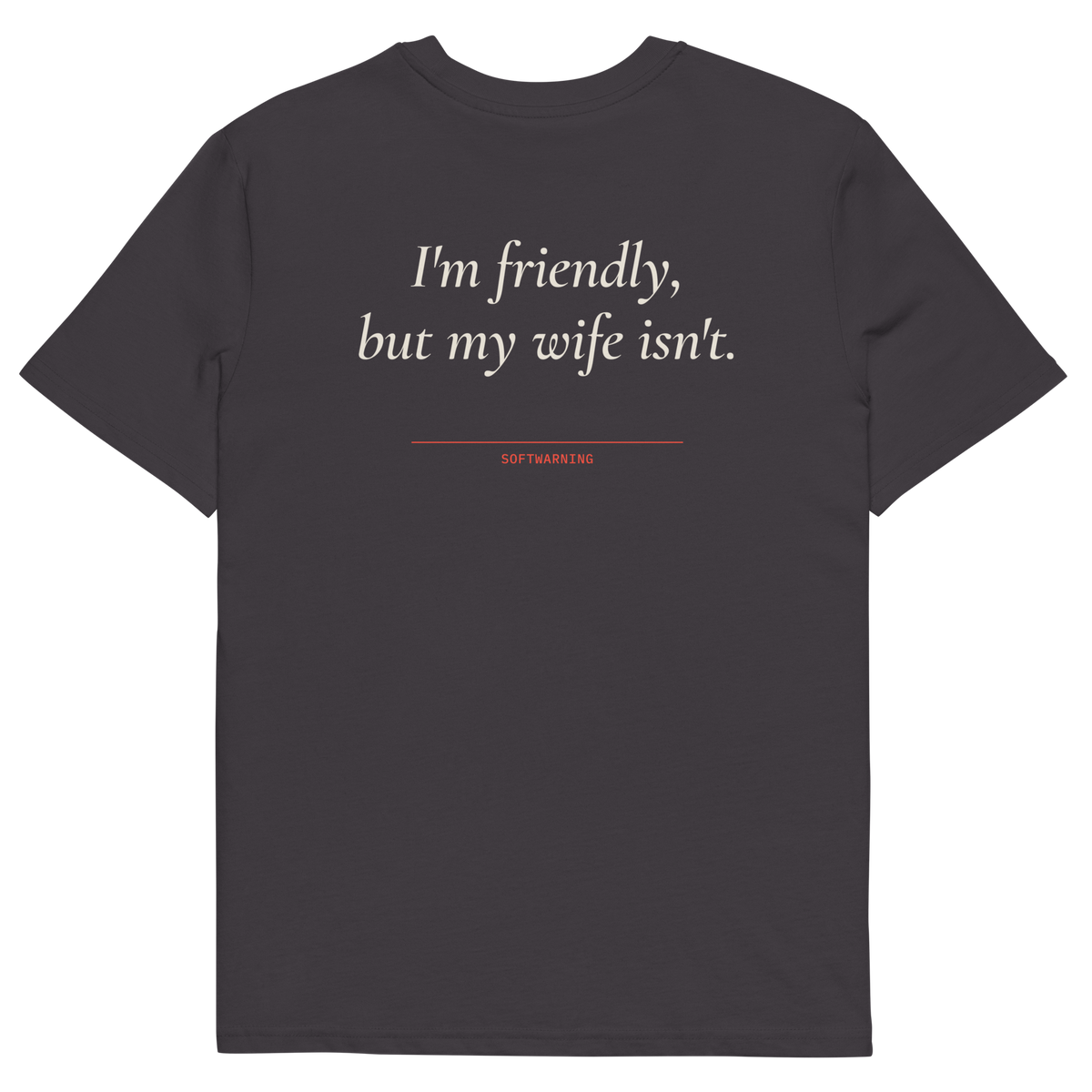 Anthracite product view of the I’m Friendly, but My Wife Isn’t T-shirt, back