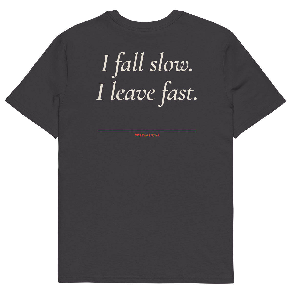 Anthracite product view of the I Fall Slow. I Leave Fast T-shirt, back