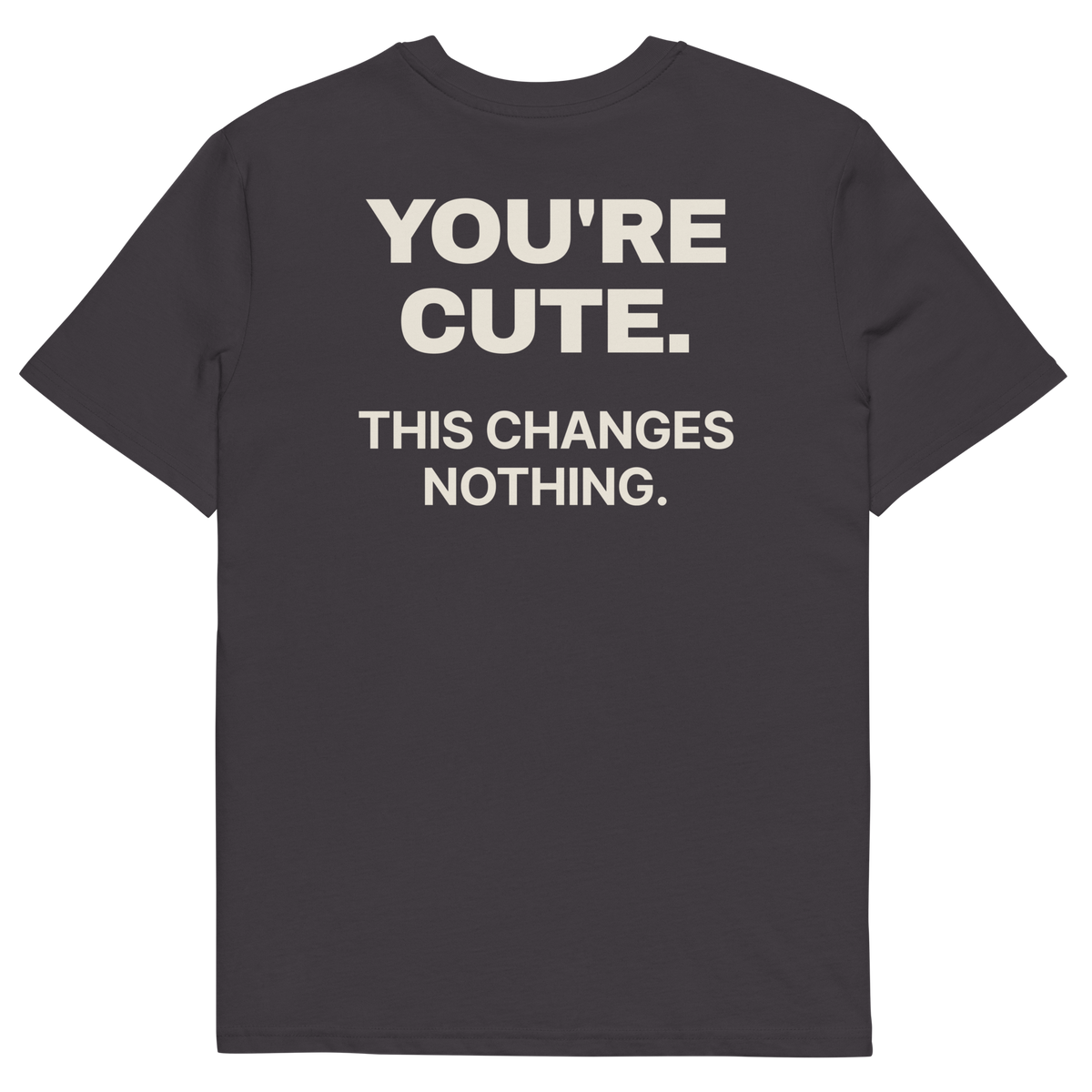 Anthracite product view of the You’re Cute. This Changes Nothing T-shirt, back