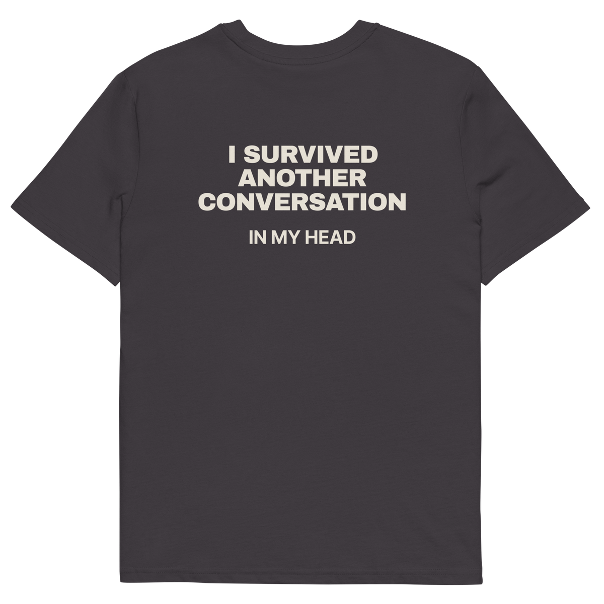 Anthracite product view of the I Survived Another Conversation in My Head T-shirt, back