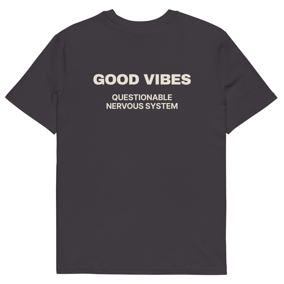 Anthracite product view of the Good Vibes, Questionable Nervous System T-shirt, back