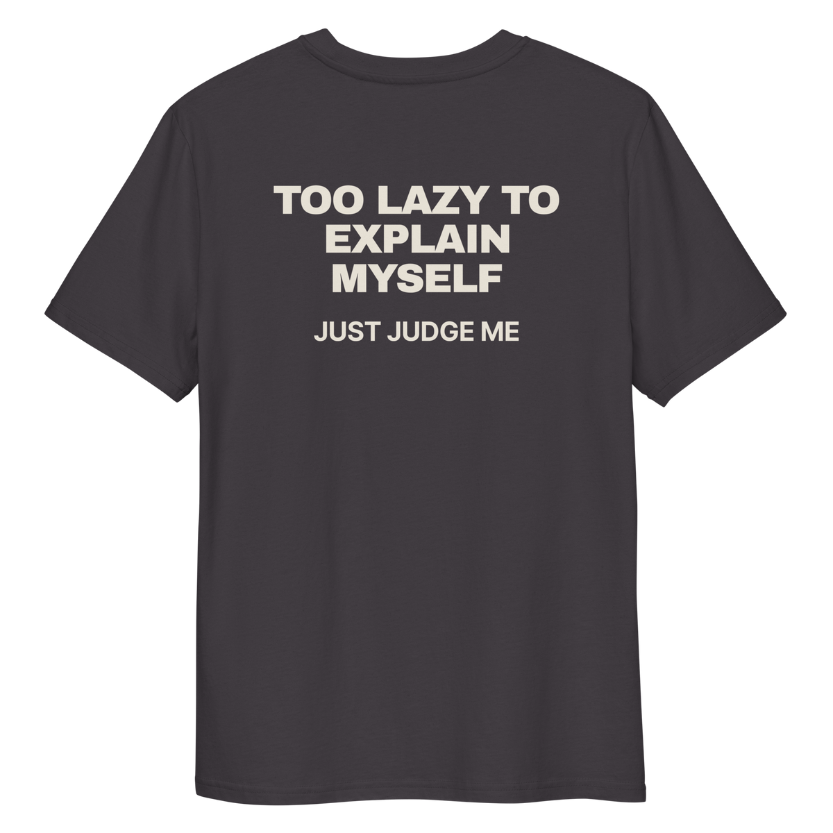 Close-up of the Too Lazy to Explain Myself. Just Judge Me T-shirt print in anthracite, back view