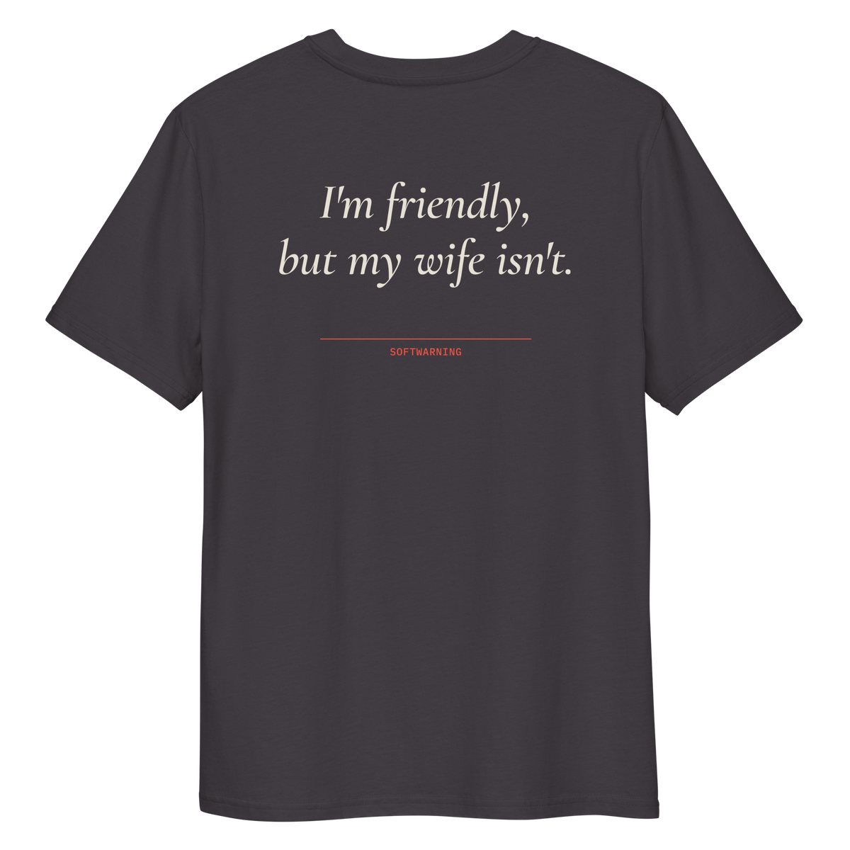 Close-up of the I’m Friendly, but My Wife Isn’t T-shirt print in anthracite, back view