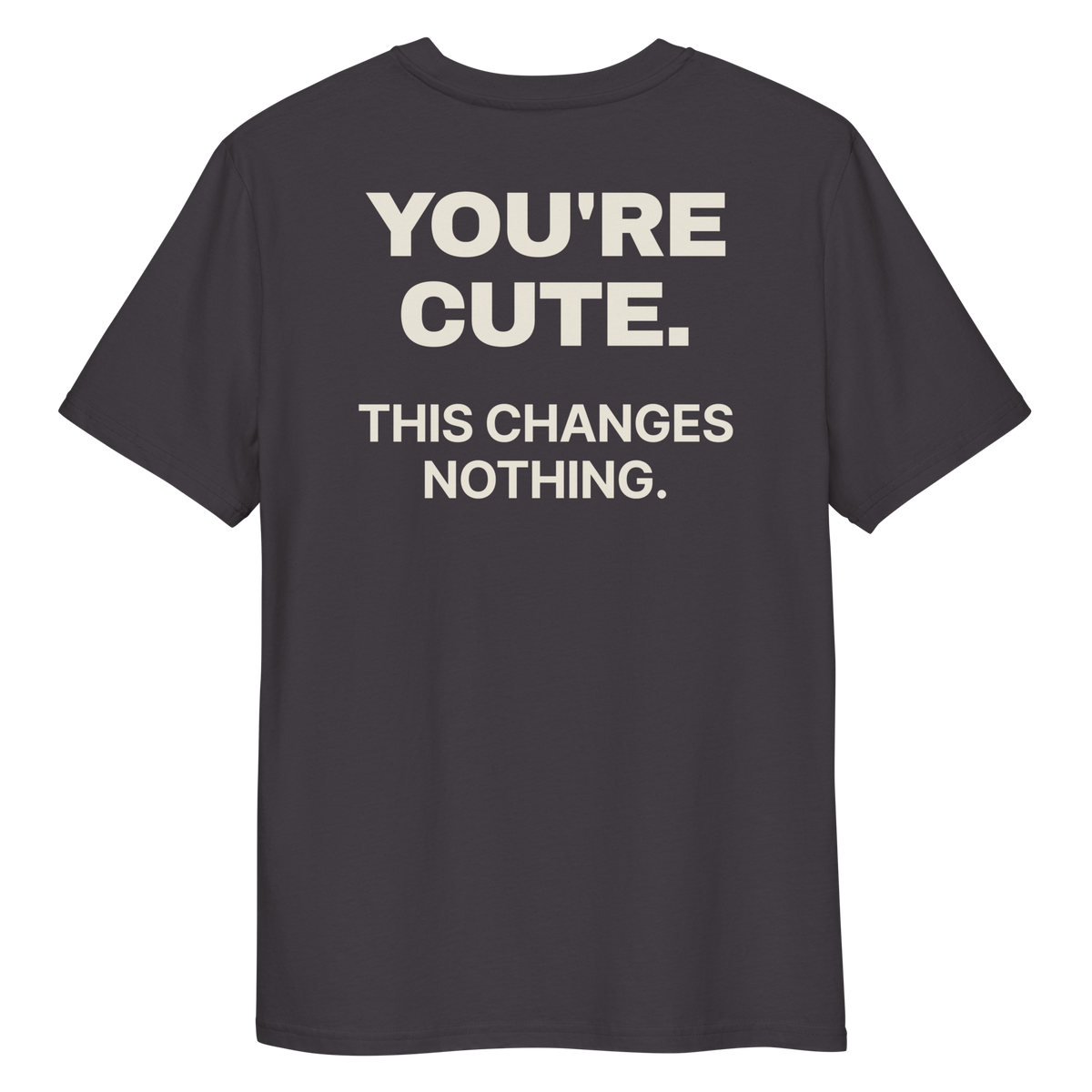 Close-up of the You’re Cute. This Changes Nothing T-shirt print in anthracite, back view