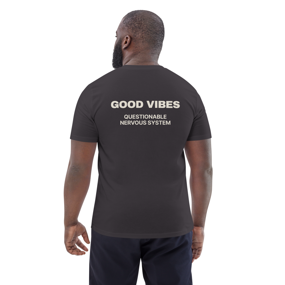 Man wearing the Good Vibes, Questionable Nervous System T-shirt in anthracite, back view