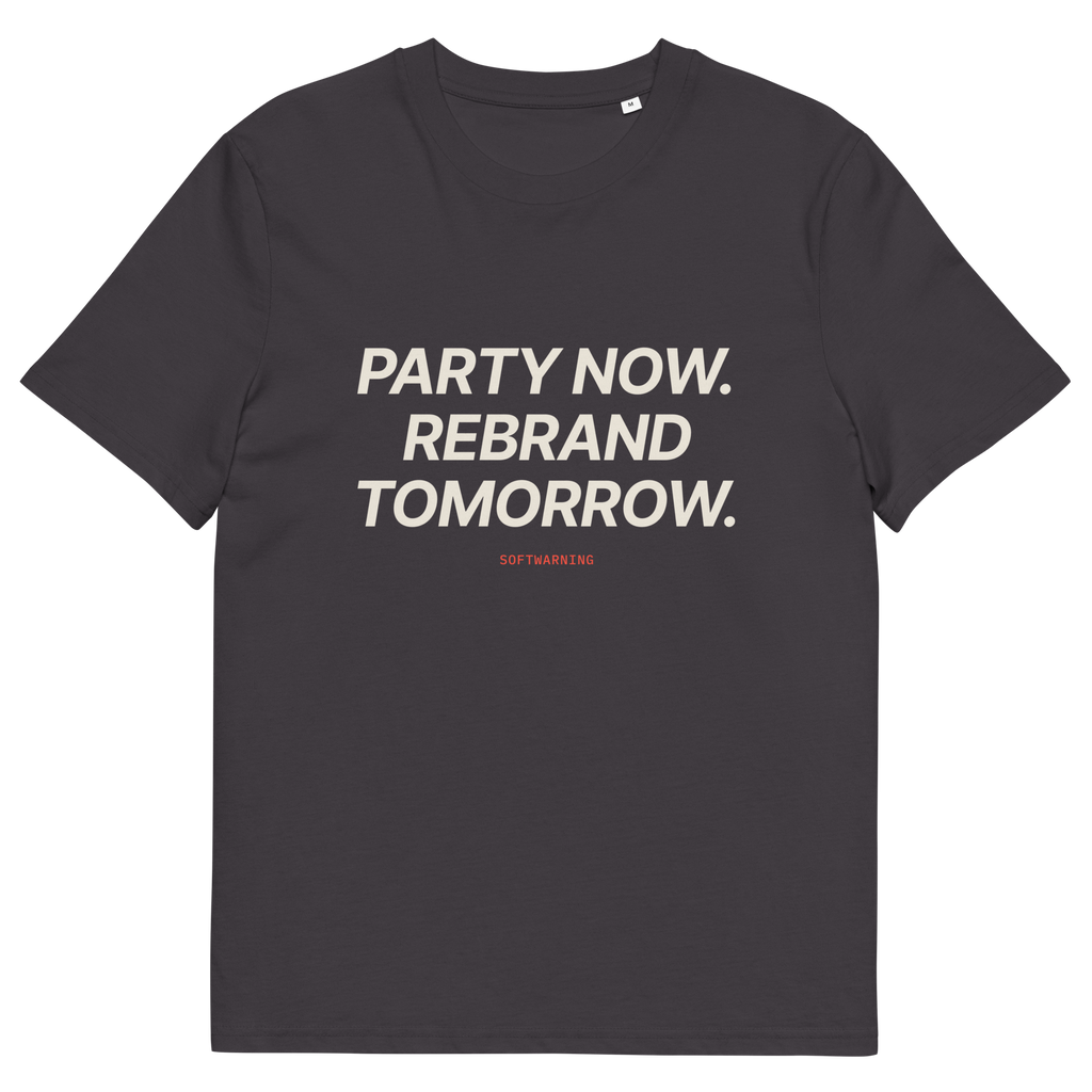 Anthracite product view of the Party Now. Rebrand Tomorrow T-shirt, front