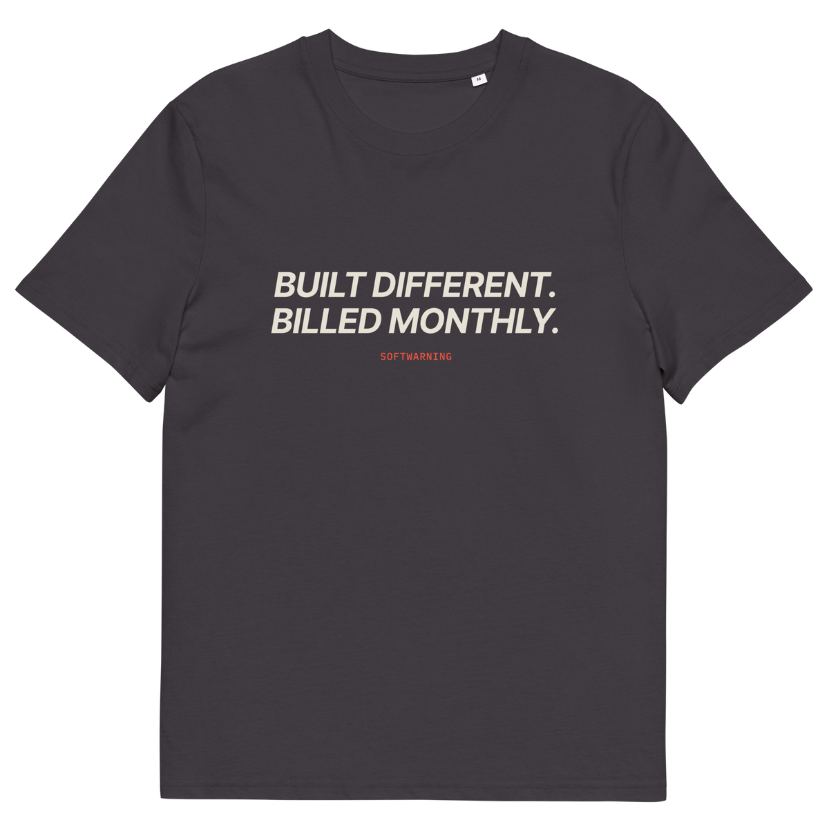 Anthracite product view of the Built Different. Billed Monthly T-shirt, front