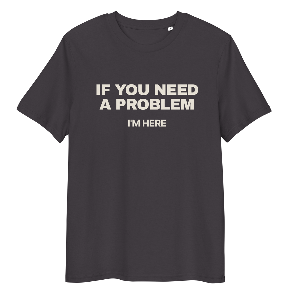 Close-up of the If You Need a Problem, I’m Here T-shirt print in anthracite, front view