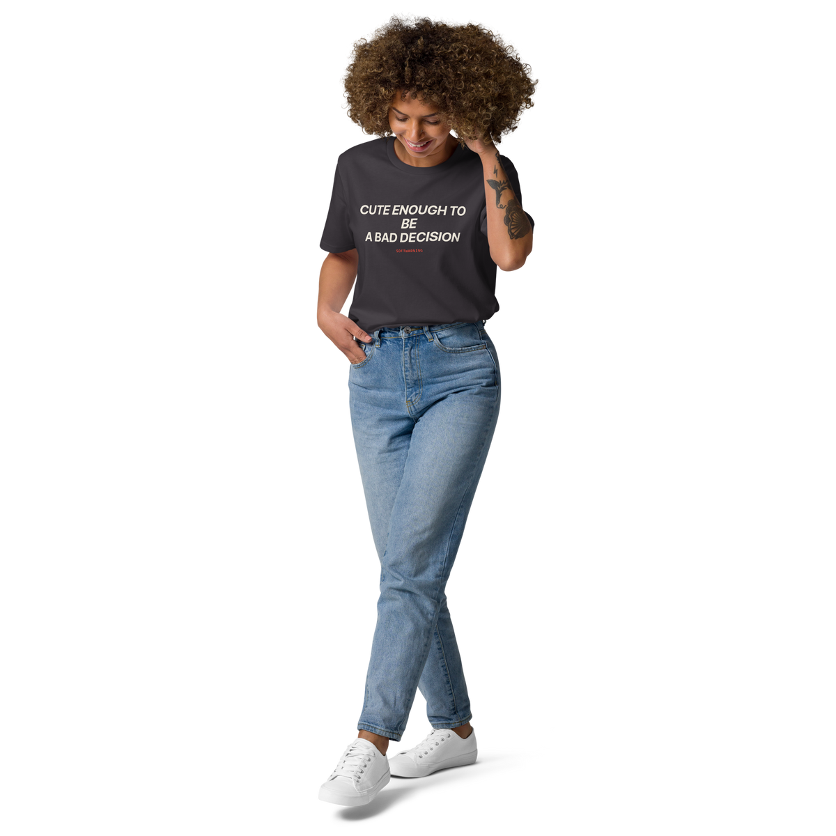 Woman wearing the Cute Enough to Be a Bad Decision T-shirt in anthracite, front view