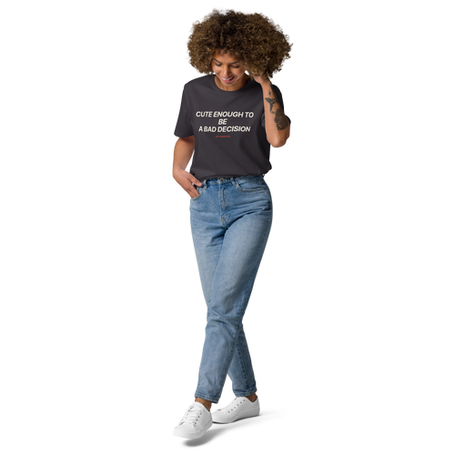Woman wearing the Cute Enough to Be a Bad Decision T-shirt in anthracite, front view