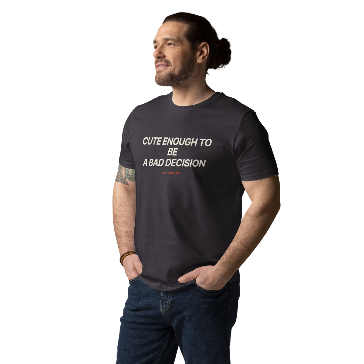 Man wearing the Cute Enough to Be a Bad Decision T-shirt in anthracite, front view