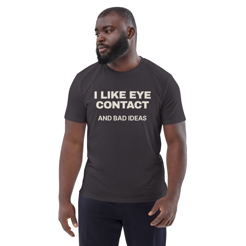 Man wearing the I Like Eye Contact and Bad Ideas T-shirt in anthracite, front view