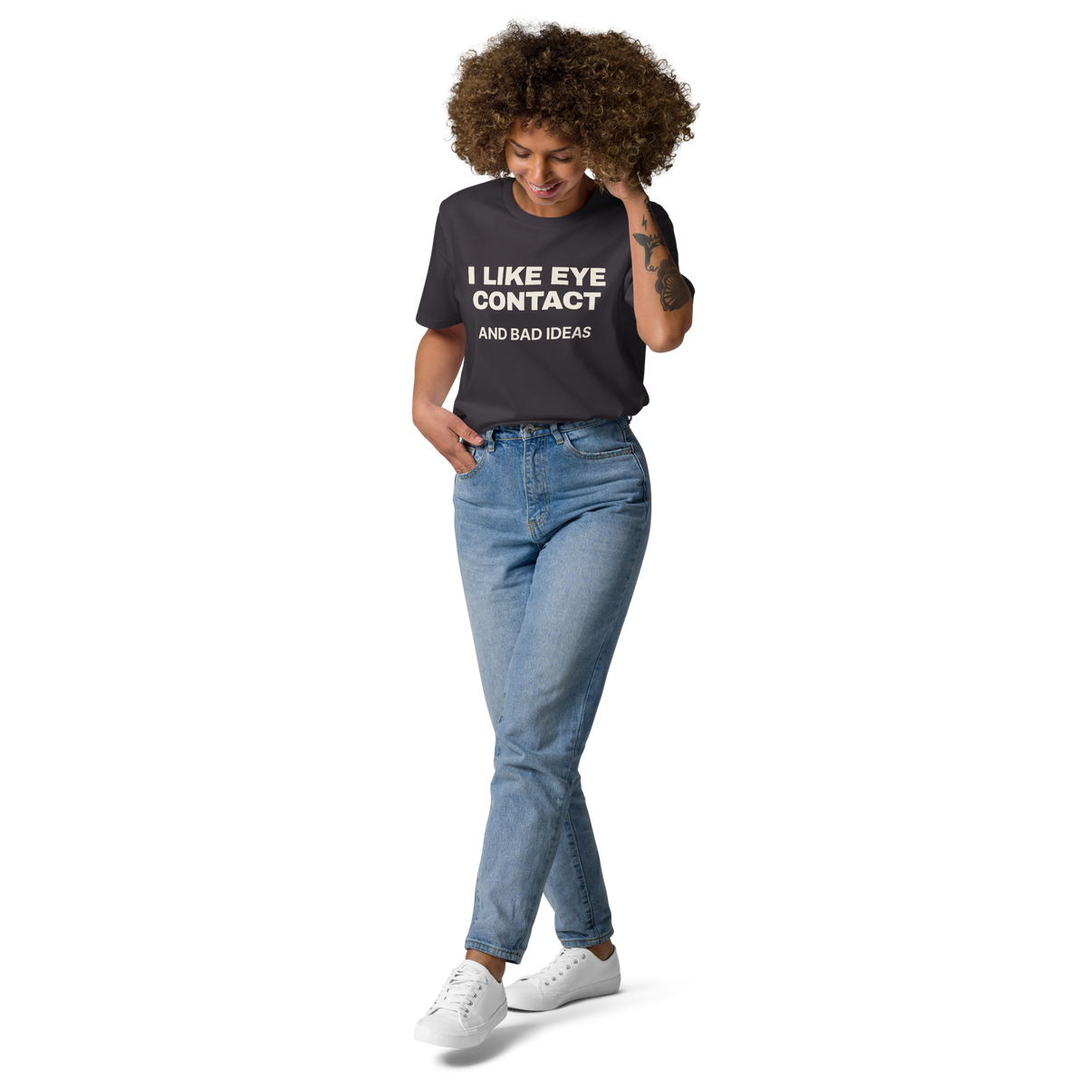 Woman wearing the I Like Eye Contact and Bad Ideas T-shirt in anthracite, front view