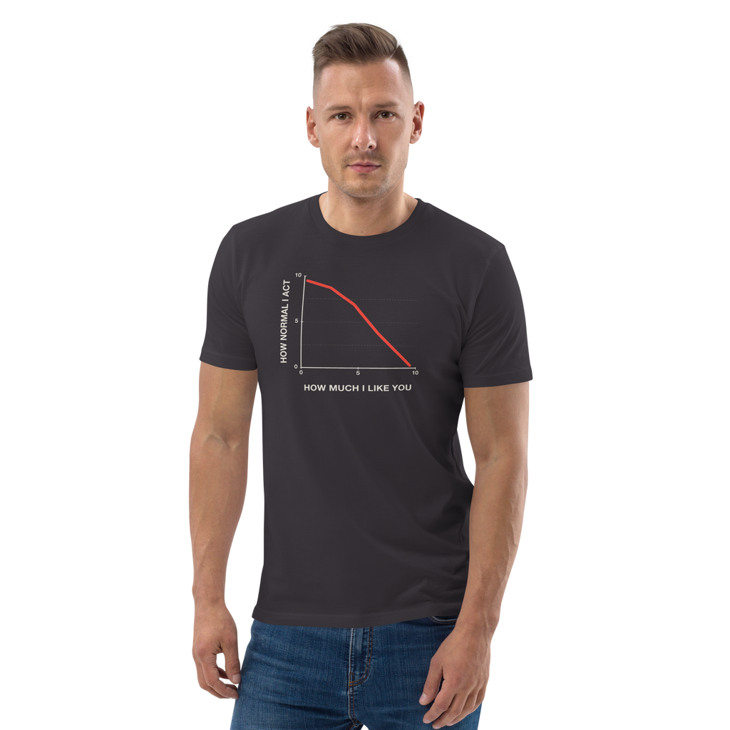 Man wearing the How Normal I Act T-shirt in anthracite, front view