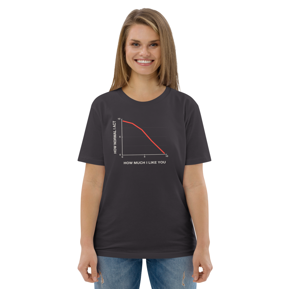 Woman wearing the How Normal I Act T-shirt in anthracite, front view